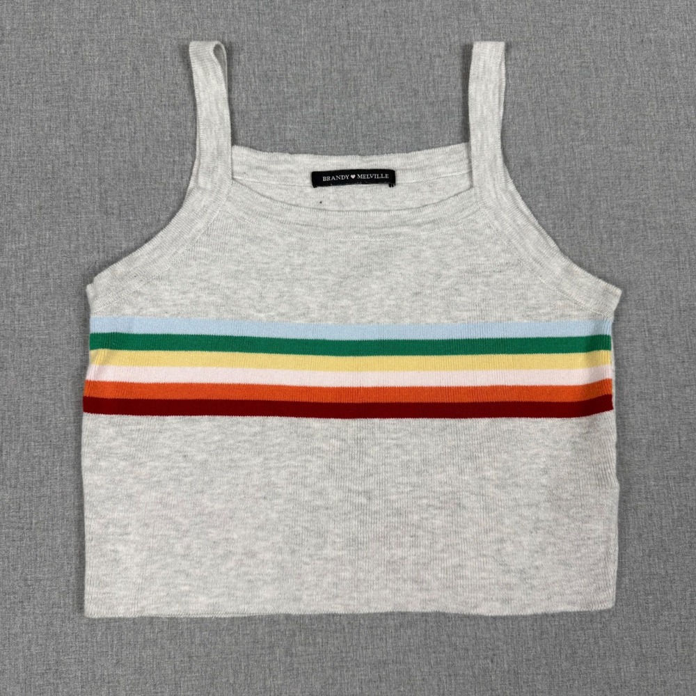 Brandy Melville Grey Rainbow Striped Knit Crop Tank Top One Size